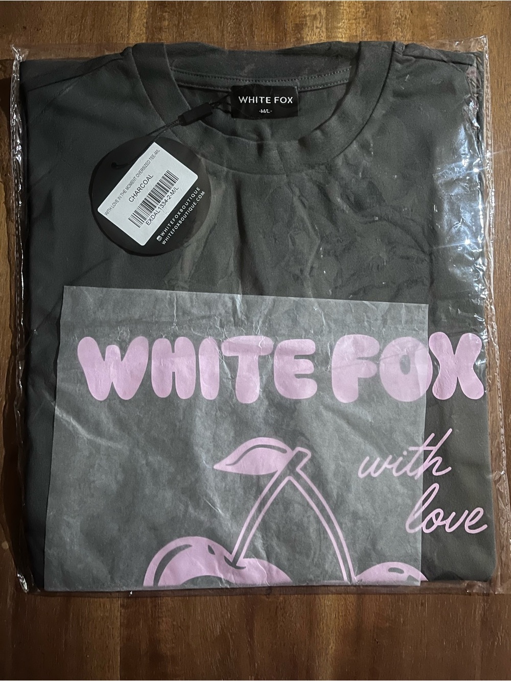 White Fox Women’s With Love In The Moment Tee, M/L, Charcoal & Pink w/ Cherries